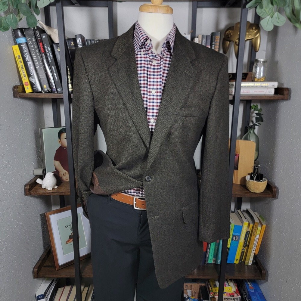 Club Room Men's Tweed Sport Coat Two Button Brown Herringbone Wool Cashmere 42L